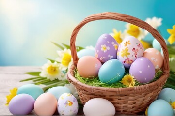 Obraz na płótnie Canvas Colorful easter eggs in basket with multi colors Happy Easter background, Background with copy space.