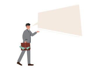Young man in suit, carrying a briefcase brimming with money. Speech bubble. Language of financial success.