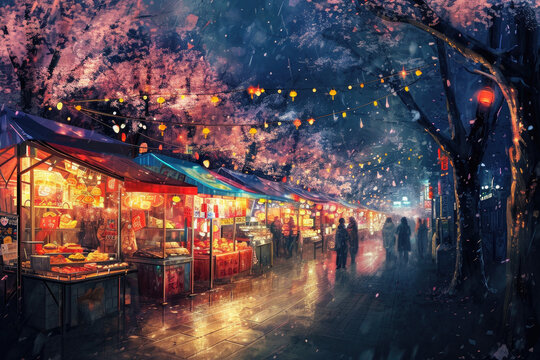 Vibrant Street Fair in Spring., spring art