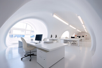 .Modern Office with White Desk and Computer