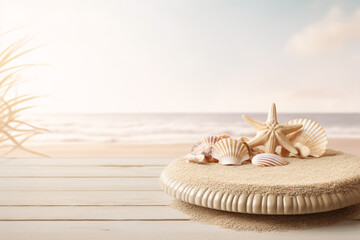 Empty Round Beige Platform Podium with Sea Shells and Starfish on White Beach Sand Background