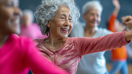 Fototapeta premium Smiling elderly women engaging in a fun dance workout session, enjoying rhythm and movement in a bright gym.