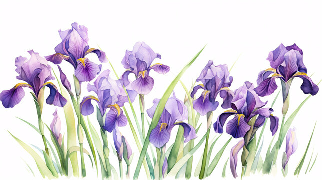Purple irises on a white background. Watercolor illustration.