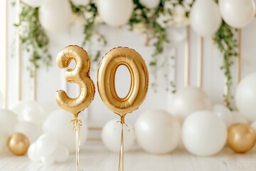 30. Hochzeitstag, 30. Hochzeitsjubiläum, Perlenhochzeit, "30" aus goldenen Heliumballons vor festlichem Hintergrund