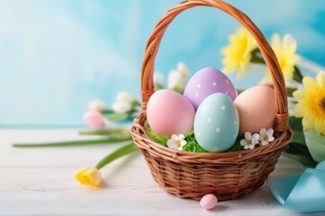 Colorful easter eggs in basket with multi colors Happy Easter background, Background with copy space.