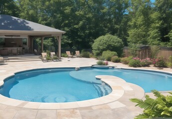 Modern patio next to swimming pool
