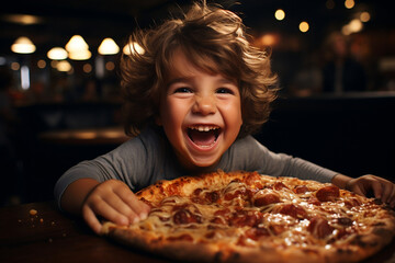 A happy laughing curly-haired boy at the table is eating fresh pizza, holding food in his hands. A joyful atmosphere in the pizzeria