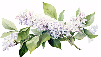 Lilac branch with flowers and leaves. Watercolor illustration.