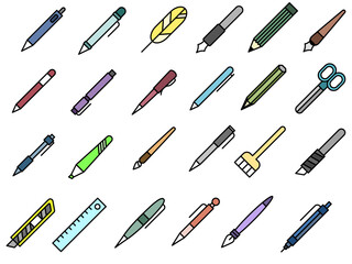 Vector icon collection of writing instruments perfect for business and education scenes