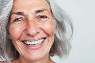Ältere Frau lächelt in die Kamera. Seniorin mit grauen Haaren ist fröhlich und positiv getimmt. Platz für Text auf der rechten Seite.  - obrazy, fototapety, plakaty