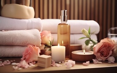 Fototapeta na wymiar realistic photo Body massage brush, flowers, bottles with cosmetic products and towels on the table in the bathroom. generative ai