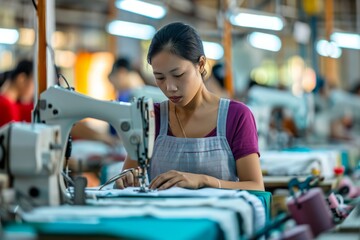 Näherin in Asien. Fabrikarbeiterin an der Nähmaschine in China. Kleidungen produzieren in einer asiatischen Näherei. Schneiderin als Fachkraft im asiatischen Raum. 