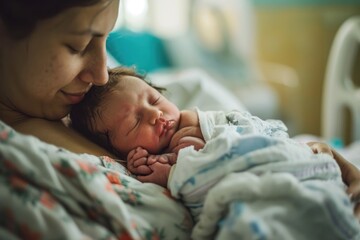 Miracle of Birth: In the Hospital, a Mother Gives Birth, Welcoming a Newborn into Her Lap - Exhausted but Overflowing with Tired Happiness and Maternal Joy - obrazy, fototapety, plakaty