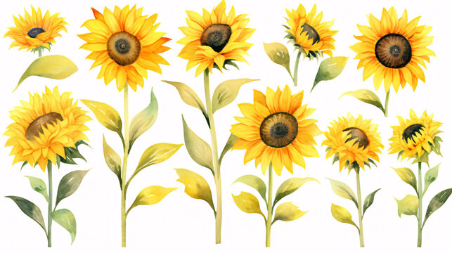 Watercolor sunflowers isolated on white background. Hand painted illustration