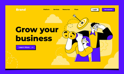 Hand drawn business marketing landing page template with business people focus in a goal
