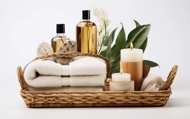 realistic photo of spa accessories in basket. generative ai