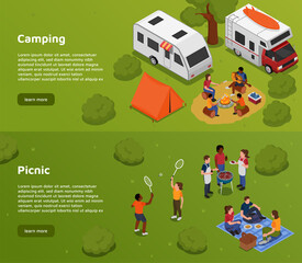 Isometric picnic barbeque horizontal banner template collection with families having lunch in a park and camper