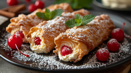 Creamy and crispy cannoli, delicious Sicilian pastry with snow sugar and cherries, garnished with green mint leaves. Homemade food.