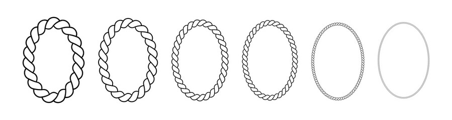 Oval frames made of rope. Ellipse borders made of braided cord. Vector set of thin and thick elements isolated on a white background.
