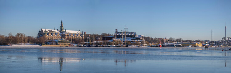 Panorama, the maritime and the Nordiska museums at the island Djurgården a sunny winter day in...