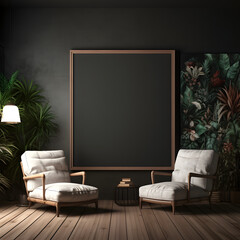 Interior poster mockup with a square metal frame and plants in a vase against a white wall.