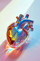 3D render of a human heart made of glass with a holographic effect, vertica;l card