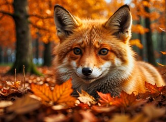 Obraz premium Autumn Fox - Vulpine Elegance Amongst Leaves
