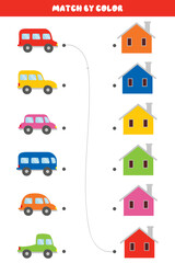 Educational children's game. Matching table for games for children. Match by color. Find pairs of cars and houses. Studying colors, transport theme. Educational cards for children