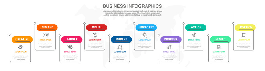 Fototapeta premium Infographics steps rectangle. Concept of ten steps with colorful lines and place for text. Modern infographic timeline. Use for info graphics, charts, web sites, banners, presentations.