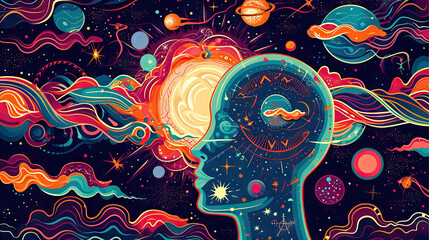 Inner Universe: A Vector Background with a Human Head as a Gateway to an Inner Universe, Filled with Cosmic Elements and Mysterious Symbols, Great for Spiritual Art