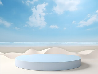 Fototapeta na wymiar 3d rendering of a circle stage on the beach with blue sky.