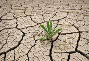 Close-up of parched earth with sprouting plant. Symbolizing drought, climate crisis, and environmental impact.