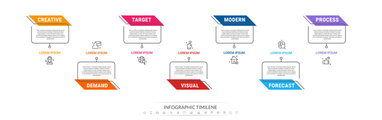 Infographics steps rectangle. Concept of seven steps with colorful lines and place for text. Modern infographic timeline. Use for info graphics, charts, web sites, banners, presentations.