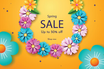 Hello spring season time, sales season banner or poster with colorful blossom flower