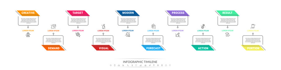 Infographics steps rectangle. Concept of ten steps with colorful lines and place for text. Modern infographic timeline. Use for info graphics, charts, web sites, banners, presentations.