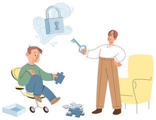 Mental health vector illustration. Intelligence plays role in problem solving and decision making, influencing mental health outcomes Exploring ones thoughts and emotions through therapy helps