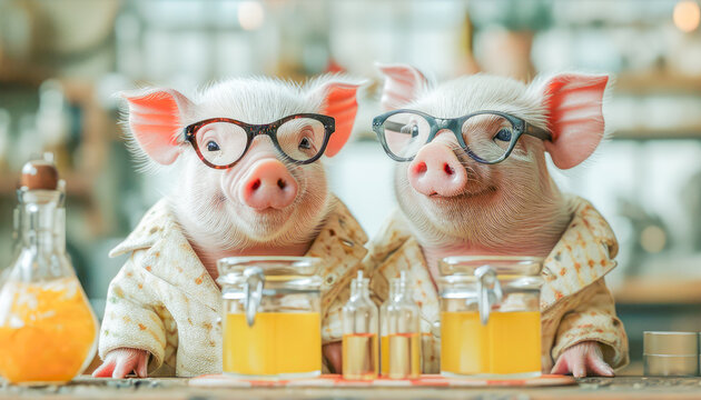 Pig dressed as a scientist in a laboratory full of flasks and equipment, March, concept Animals, generative ai