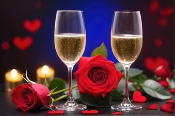 tea light on glass table Two glasses of champagne on blurred background with golden bokeh background with flowers confetti red roses etc.