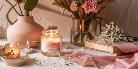 Naklejka na ściany i meble Romantic Candlelight: White, Beautiful and Decorative Design on Wooden Table with Delicate Pink Bouquet on Background