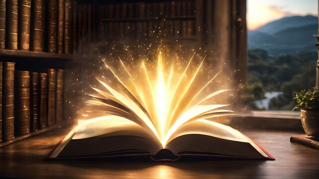 A magical light, a mystical glow emanates from an open book lying on the table. Magic book