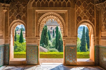 Arches in Islamic Moorish style in Alhambra  Granada  Spain - obrazy, fototapety, plakaty