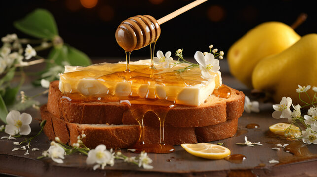 Sweet toast with pear cheese and honey.