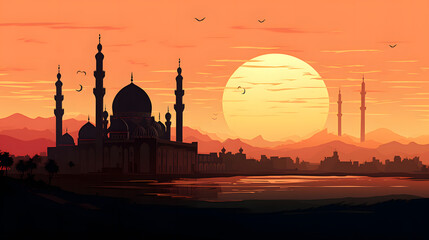 background of the silhouette of a magnificent mosque in the desert at sunset - obrazy, fototapety, plakaty