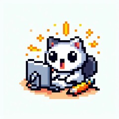 Obraz premium cat icon writing on a computer with a surprised expression on a white background, pixel art. 