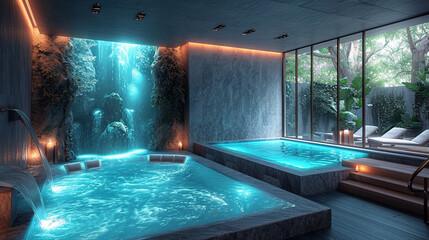 An opulent spa salon with luxurious jacuzzi tubs, bathed in soothing underwater lights, creating a visually captivating space for hydrotherapy and unwinding in a serene and aesthet