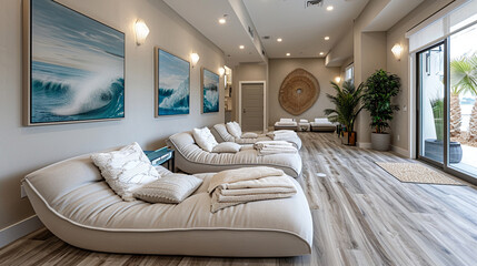 A tranquil spa salon relaxation lounge, with plush seating, soft throw pillows, and calming artwork, offering clients a serene space to unwind before or after their spa treatments