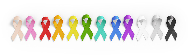 World Cancer Day colored ribbons for different types of cancer on a transparent background in 3D illustration