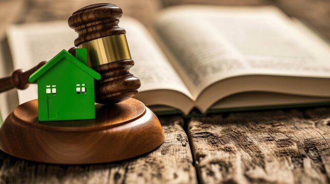 A wooden gavel and a small green house model resting on an open book on a rustic table, symbolizing legal issues related to real estate or property law