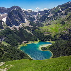 Trnovacko Lake, Montenegro, Durmitor National Park. Small mountain glacial romantic lake in shape of a heart, surrounded with snowy rocky peaks and green forests.