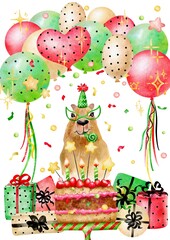 Capybara Birthday digital poster A3 vertical,Capy party printable image,Capybara with birthday cake,balloons and confettiWatercolor funny birthday theme background
